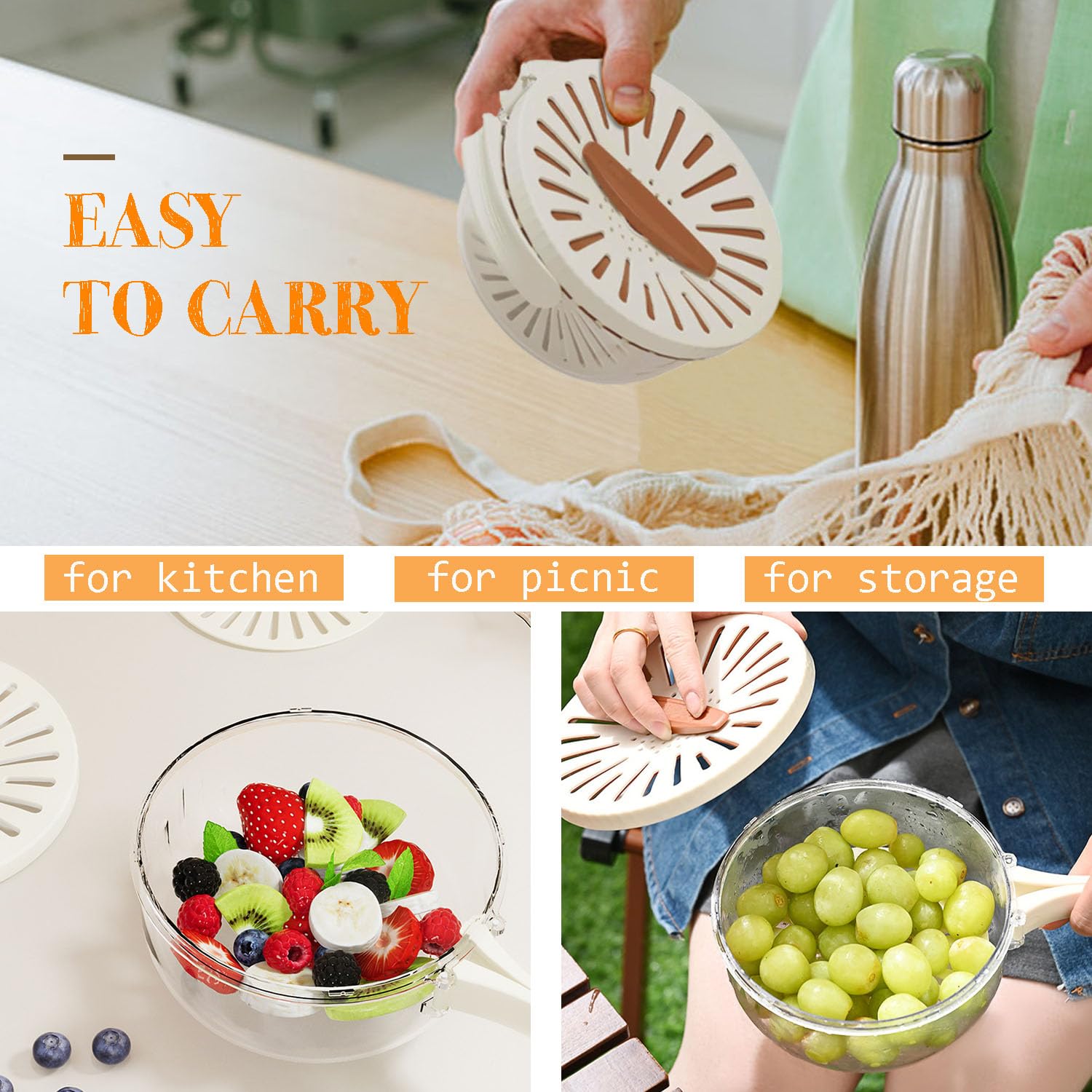 **2-in-1 Multifunctional Fruit & Vegetable Washing Bowl with Lid, Drainer & Strainer, Foldable Handle, Portable Kitchen Basin for Fresh Produce – Ideal for Home, Camping & Travel (Brown)**