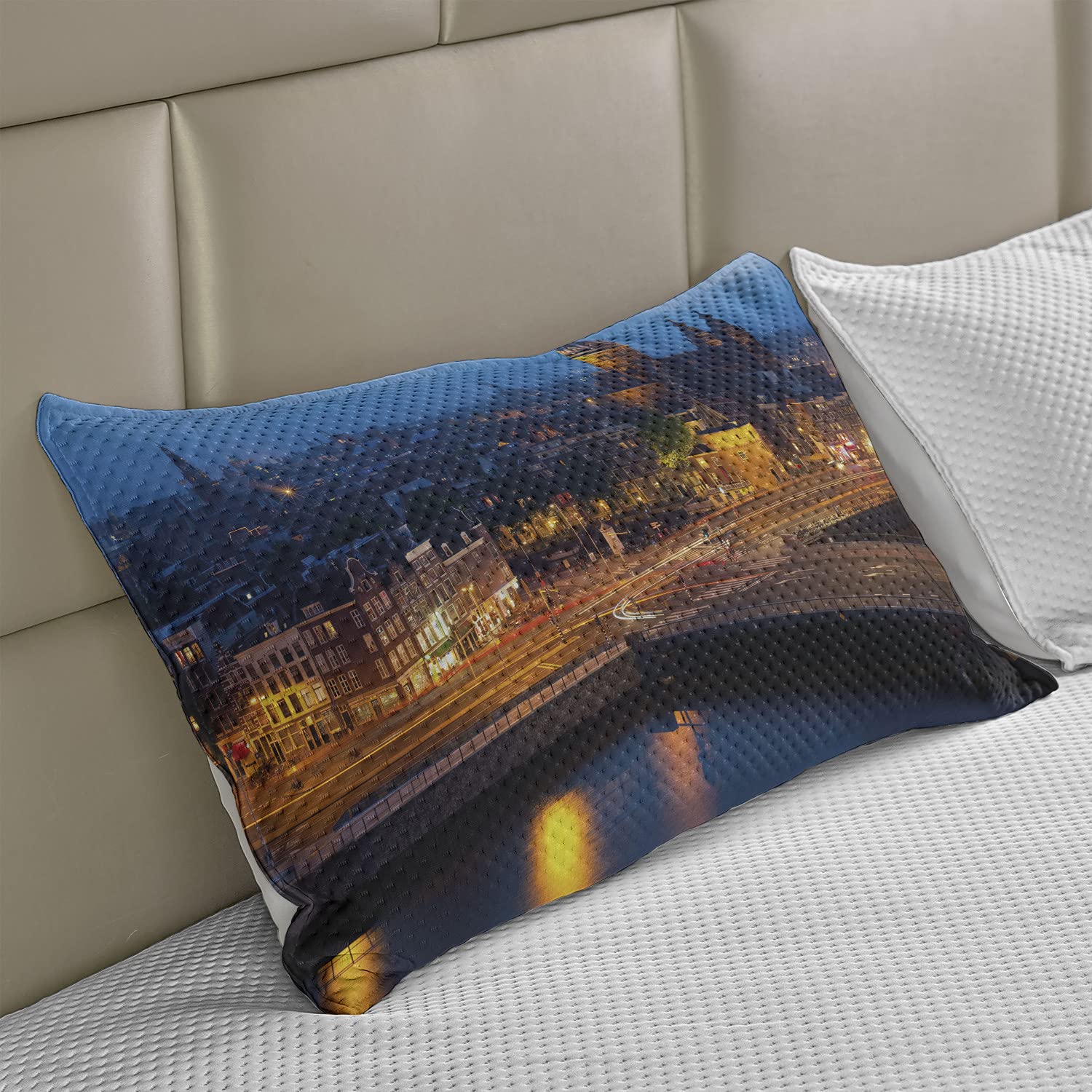 Ambesonne Knitted Quilt Pillow Cover - Amsterdam Night View Cityscape European Travel Landmark Design, King Size 36