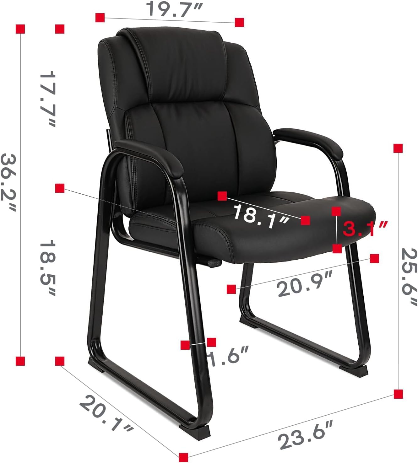 CLATINA Office Guest Chair - Leather Reception Chair with Padded Armrests, Sled Base, No Wheels - Set of 4 Black - Perfect for Conference Rooms, Waiting Areas & Home Offices