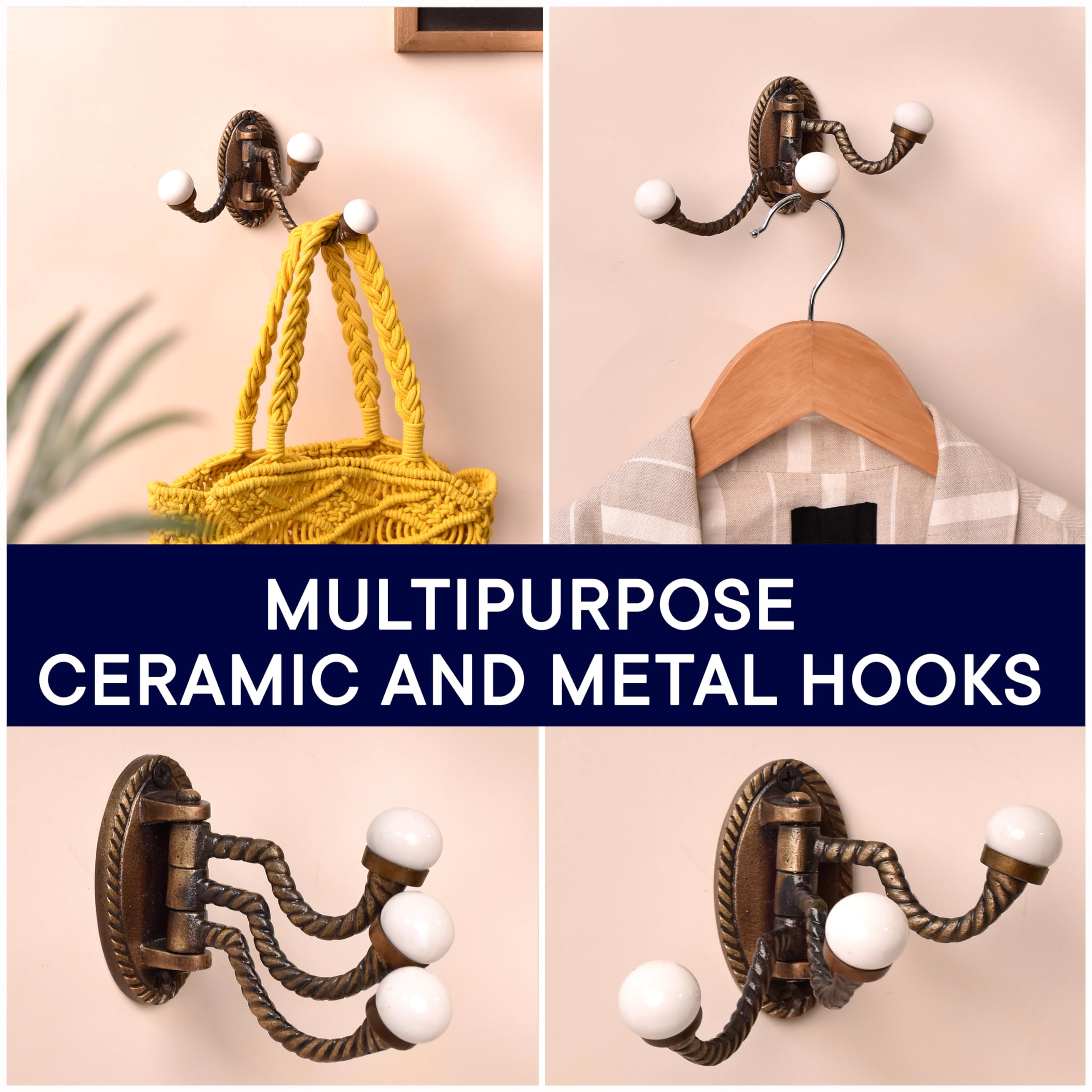 Vintage Iron & Ceramic Swivel Wall Hooks - 3-Prong Foldable Coat Hangers for Towels, Robes & Jackets | Antique-Style Space-Saving Solution for Bathroom, Bedroom & Entryway Organization