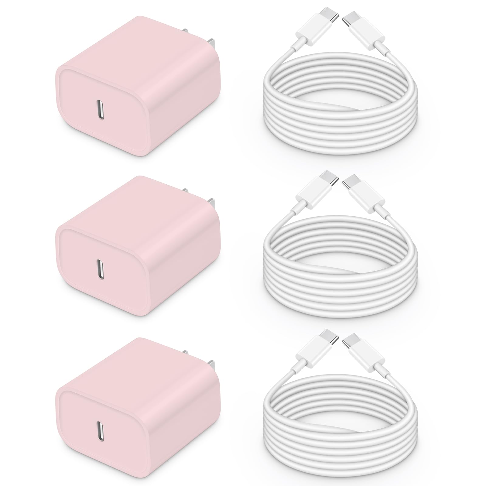 Fast Charging USB C Charger 3-Pack with 6FT Cable - Compatible with iPhone 16/15 Series, iPad Pro/Air & More | Quick Charge for Home, Office & Travel (Pink)