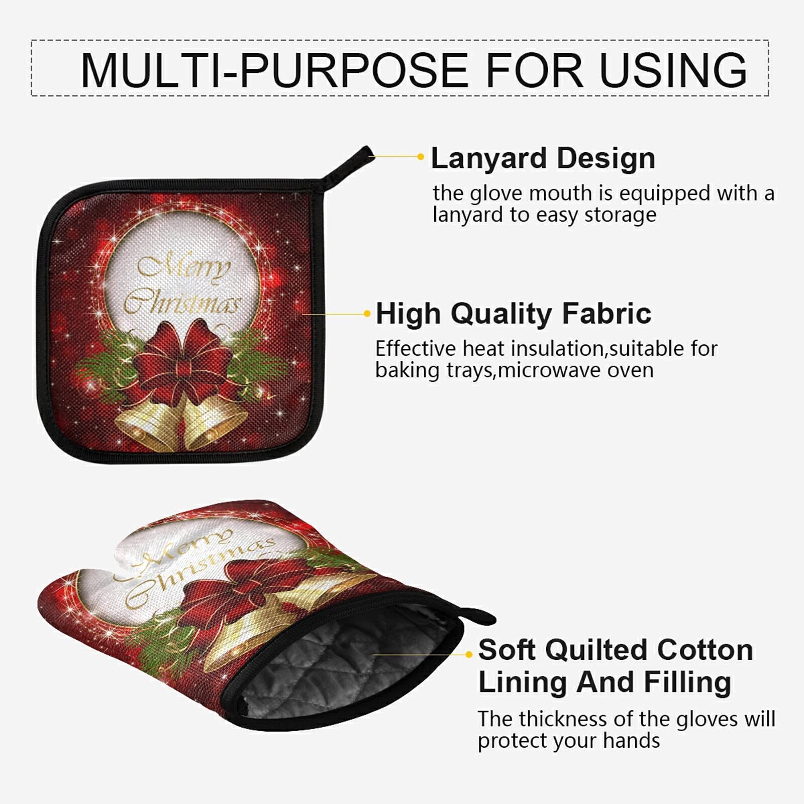 Aflyko Christmas Oven Mitt and Pot Holder Set - Heat Resistant Kitchen Gloves for Baking, BBQ, Grilling - Festive Holiday Decor with Bell Bow Snowflake Design - Perfect for Christmas Gifts, Home Cooking & Holiday Parties