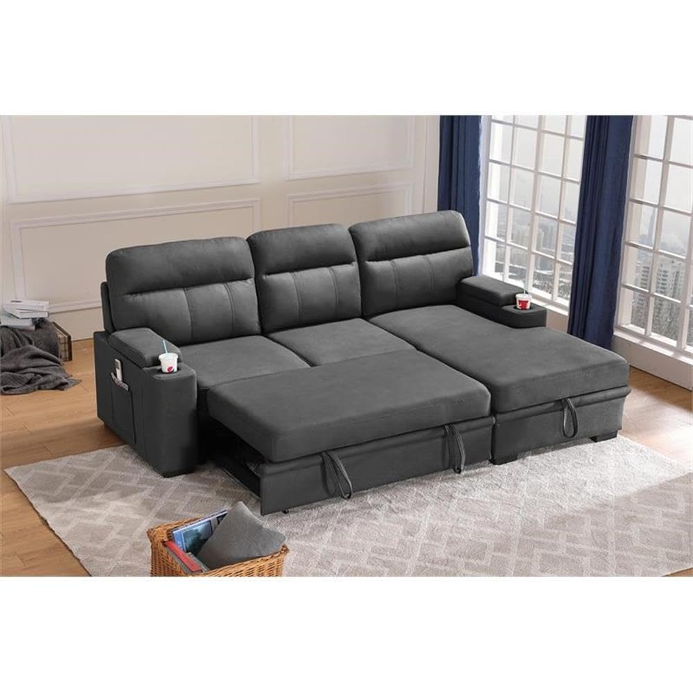 MAKLAINE Modern Microfiber Sectional Sofa with Chaise, Storage & Cup Holders - Gray Contemporary Sleeper Sofa for Living Room, Home Theater & Small Spaces