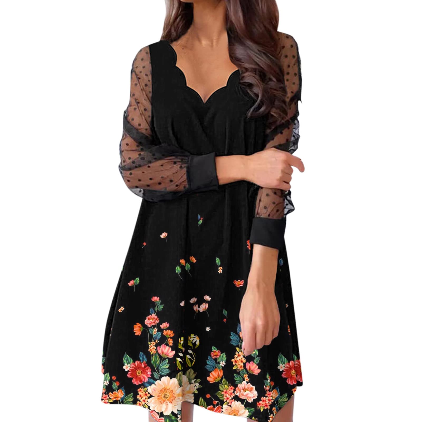 Stylish Black Polka Dot Mesh Dress for Women - Knee-Length Long Sleeve Printed Party Dress | Perfect for Cocktail Parties, Date Nights & Special Occasions