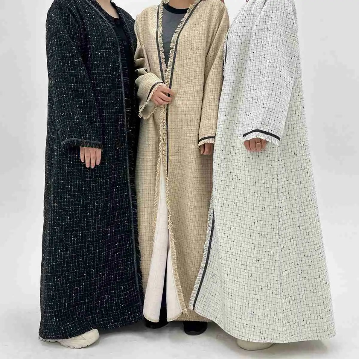 Winter Fall Thick Tassel Tweed Cardigan Open Abaya Coat - Women's Fashion Outerwear for Cold Weather, Layering & Modest Style