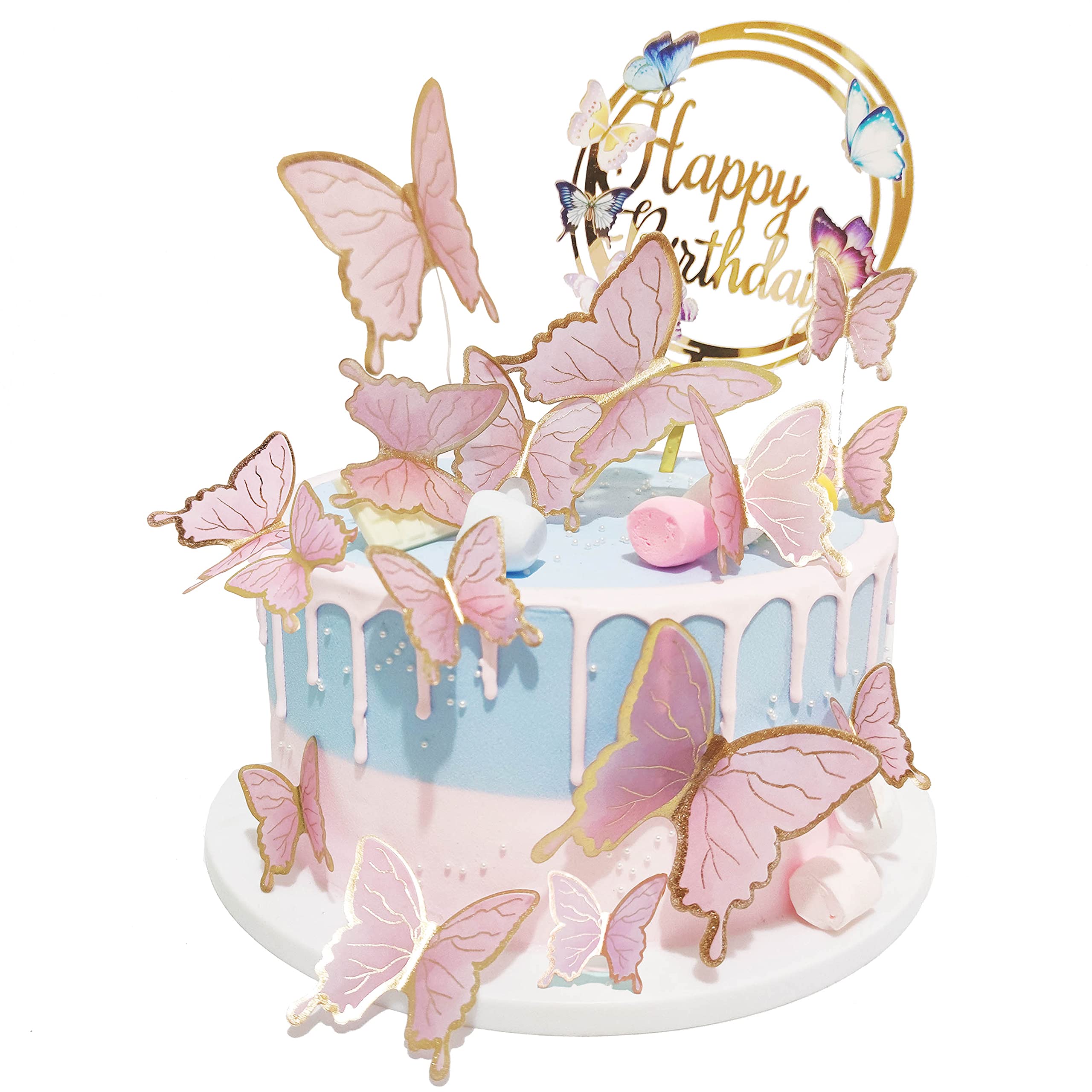 Happy Birthday Cake Topper Set - 1 Large Butterfly Cake Topper & 15Pcs 3D Pink Gold Cupcake Toppers - Baby Shower & Girls Birthday Party Decorations - Perfect for Birthday Cakes, Cupcakes, and Dessert Table Displays