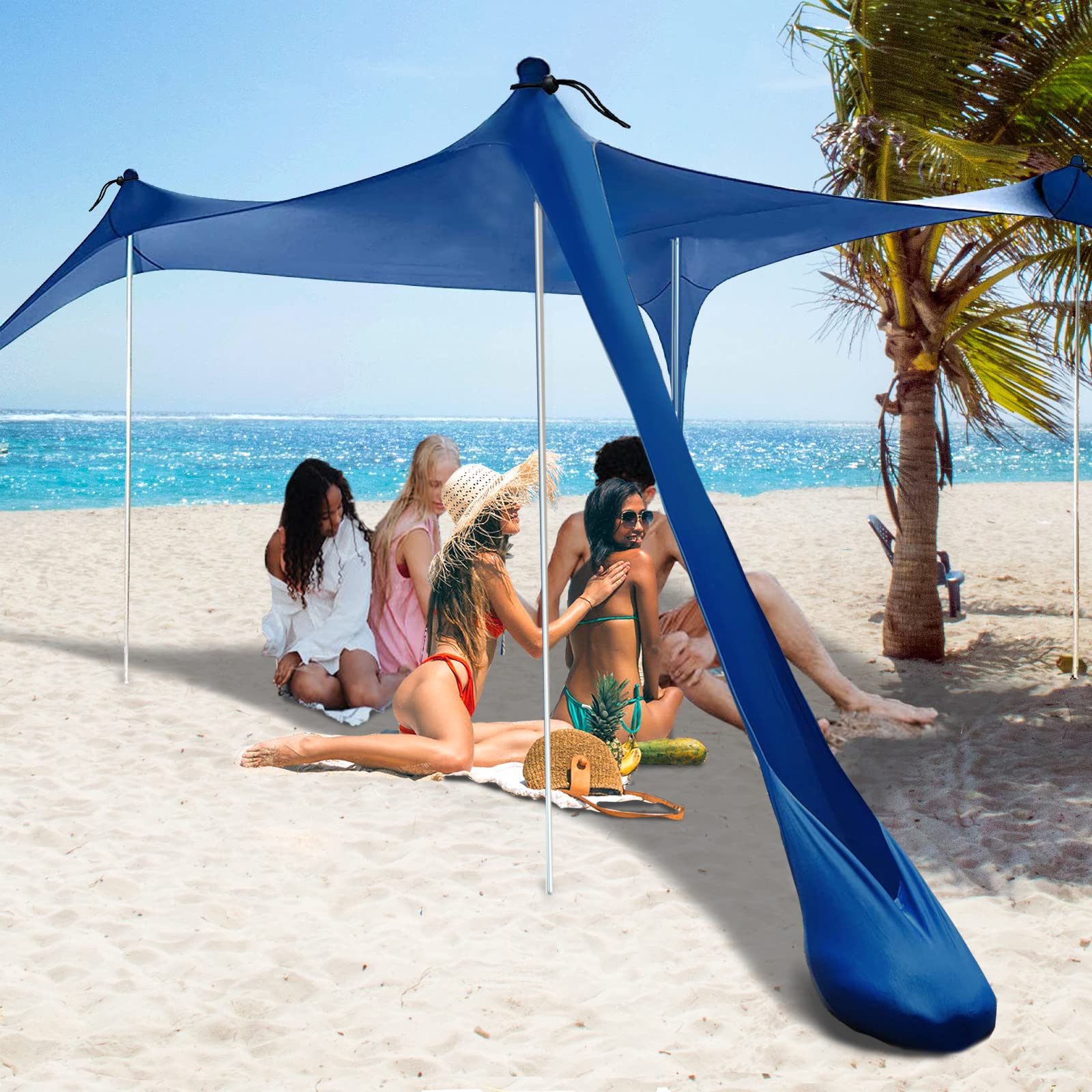AMOSSO 10x10FT Pop Up Beach Tent with UPF50+ Sun Protection - Portable Sun Shelter with 4 Aluminum Poles, 8 Elastic Ropes & Sand Shovel - Perfect for Camping, Fishing, Backyard & Beach Days (Royal Blue)