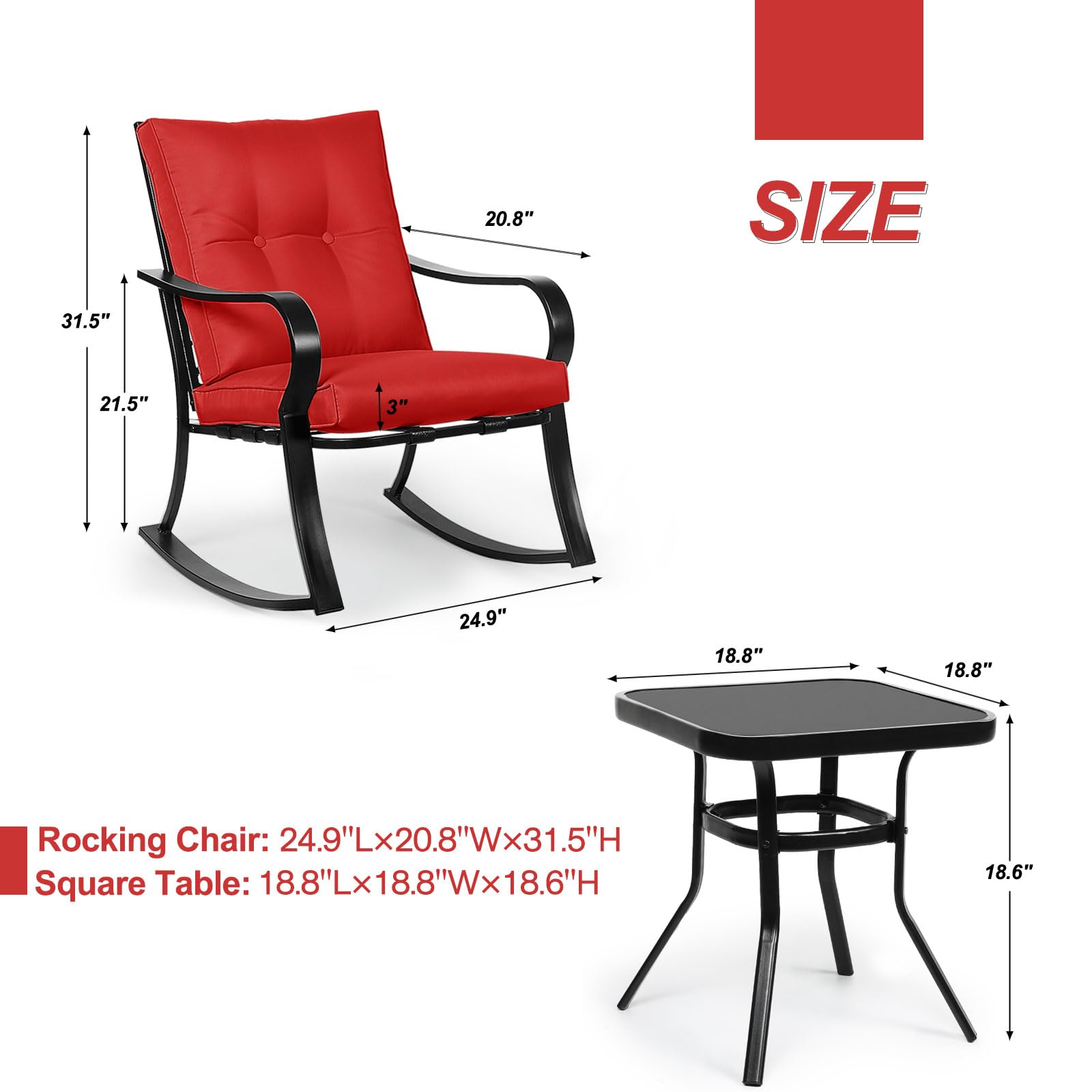 **Crownland 3-Piece Outdoor Rocking Chair Patio Set with Bistro Table & Glass Coffee Table - Black Iron Frame with Thickened Cushions (Red) - Perfect for Garden, Backyard, Porch & Poolside Relaxation**