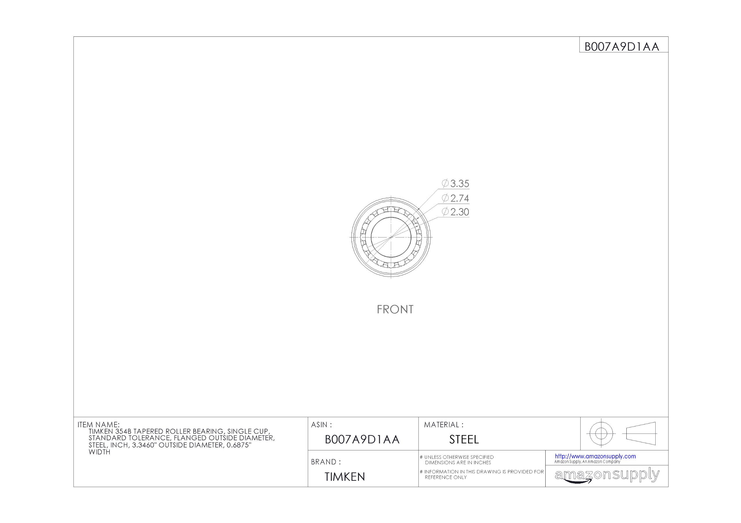 Timken 354B Flanged Tapered Roller Bearing - Single Cup, Steel Construction, 3.3460