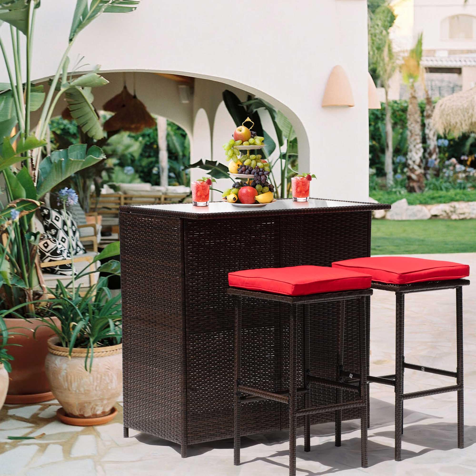 Premium 3-Piece Rattan Bar Set - Patio Wicker Bistro Table with Glass Top & 2 Bar Stools - Sturdy Frame with Storage Shelves - Outdoor/Indoor Use for Poolside, Porch, Garden & Backyard - Khaki (Red)