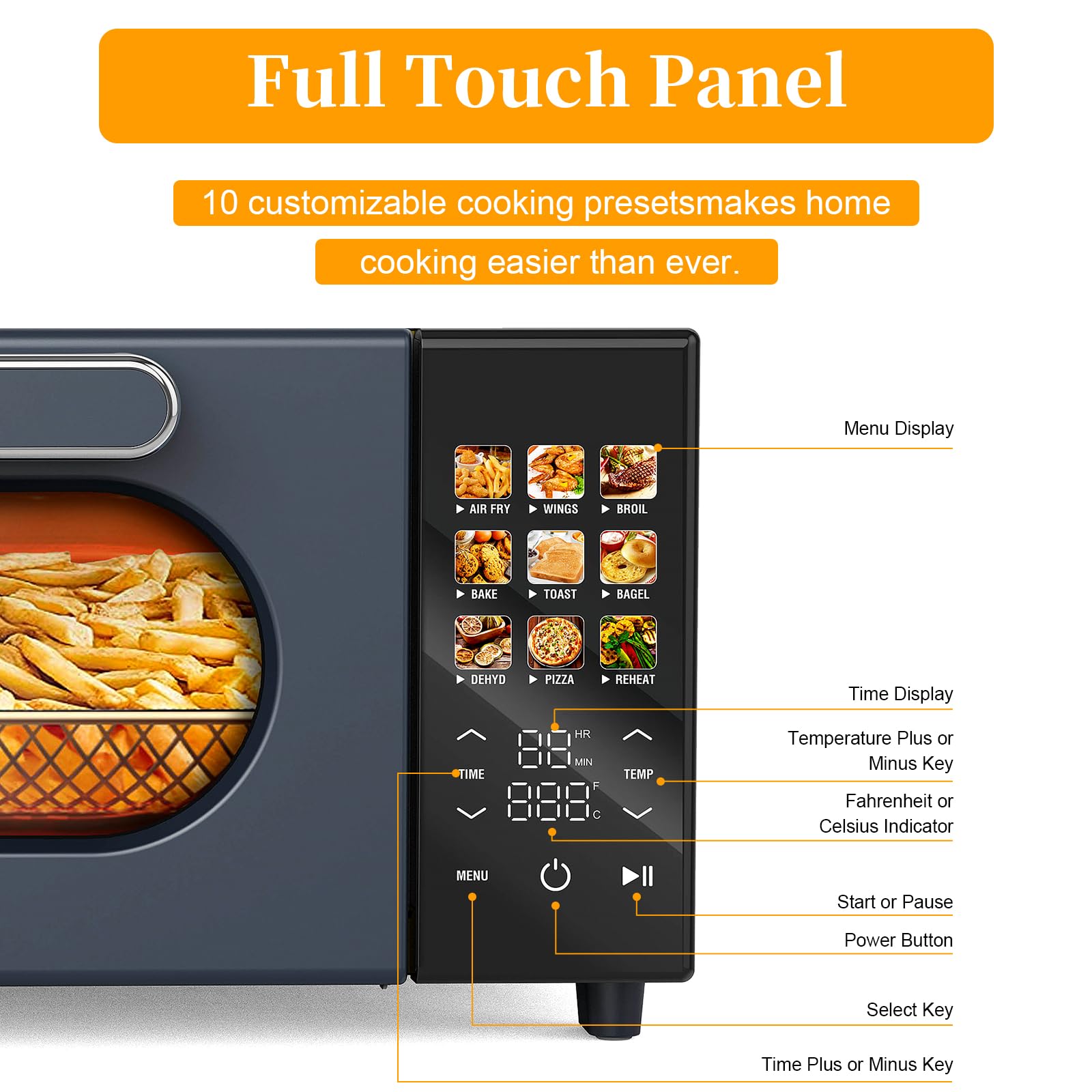 SEEDEEM 10-in-1 Air Fryer Toaster Oven with Convection - 15L Capacity, LCD Touch Screen Display, 1800W Countertop Oven for Baking, Roasting, Dehydrating - Includes 4 Accessories (Ash Gray) - Perfect for Small Kitchens, Dorms & RV Cooking