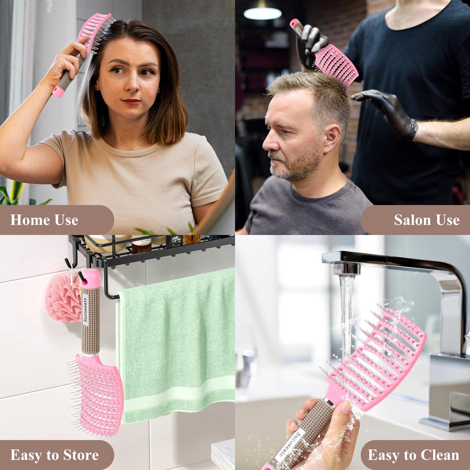 **Detangling Hair Brush for Women & Men - Curved Vent Brush for Wet & Dry Hair, Faster Blow Drying - Adds Shine & Smoothness for Curly, Straight, Thick or Thin Hair (Pink) - Perfect for Home, Travel & Salon Styling**