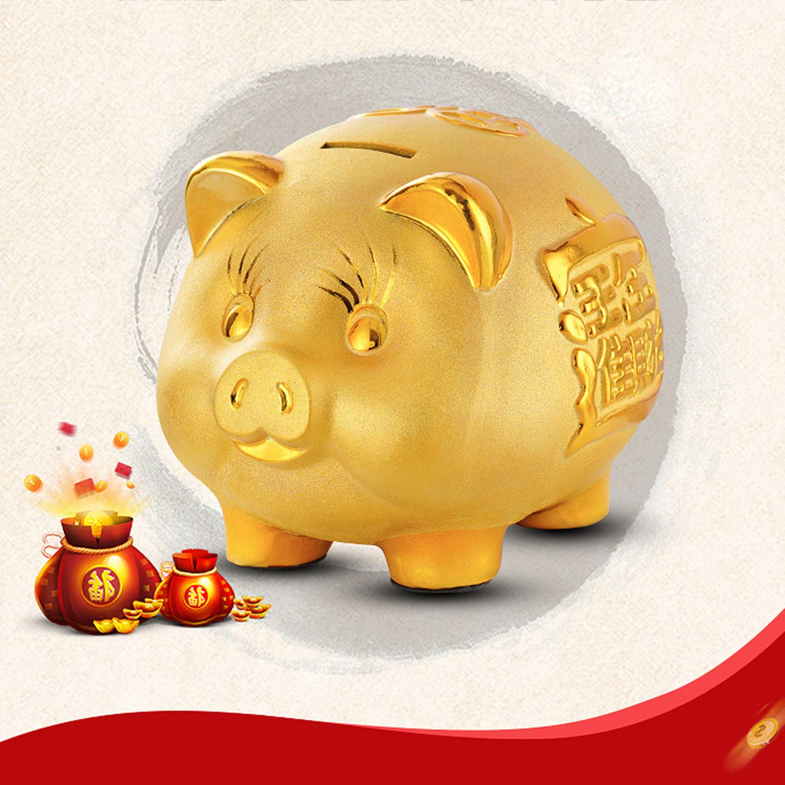 Golden Ceramic Piggy Bank - XL Money Saving Coin Jar for Wealth & Success | Home Decor, Holiday & Birthday Gift Idea | Perfect for Kids' Savings, Office Desk Decor, and Financial Goal Tracking