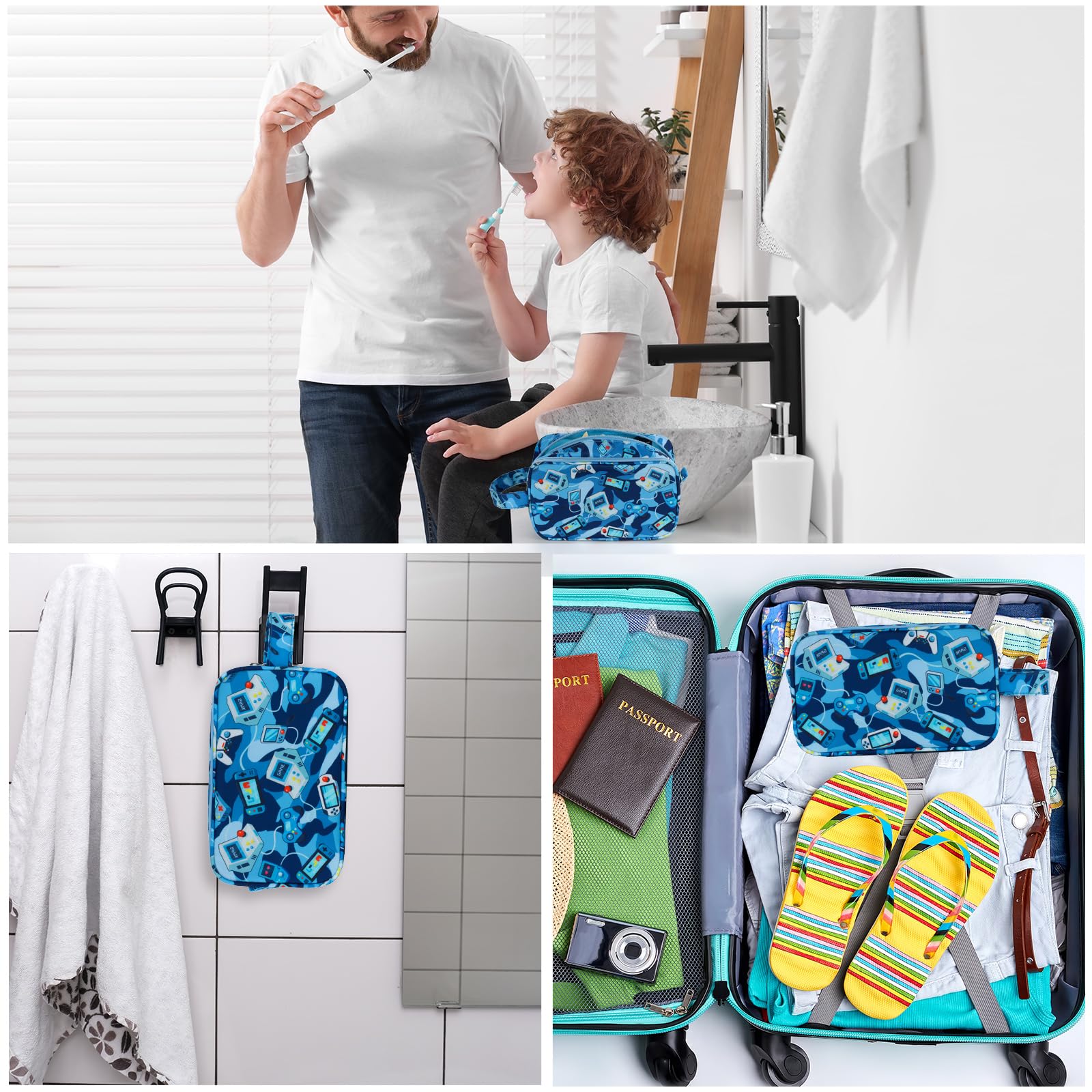 Waterproof Hanging Toiletry Bag for Boys - Kids Travel Wash Bag with Camo Blue Design - Perfect for Toddler Travel, Camping & Sleepovers