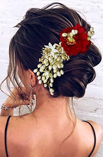 Artificial Peony Flower Hair Comb with Pearls - Elegant Hair Bun & Side Pin Accessories for Women & Girls (Red) | Perfect for Weddings, Prom & Special Occasions