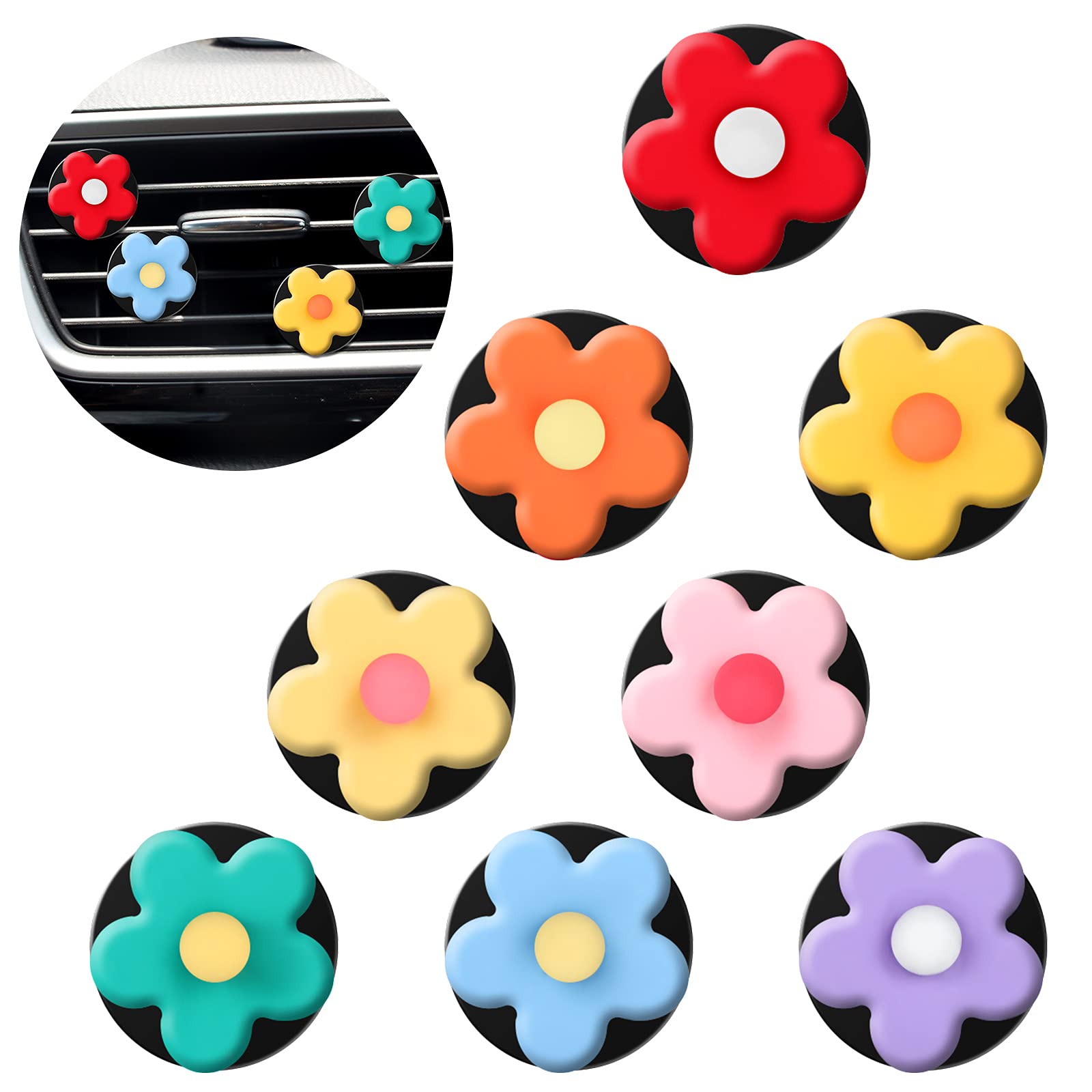 8-Piece Colorful Flower Car Air Freshener Clips - Vent Decorations for Women & Girls - Cute Car Accessories & Interior Decor - Bright Colors - Perfect for Home, Office & Travel Use