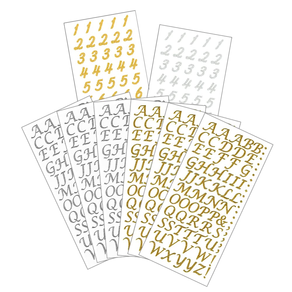 Gold & Silver Glitter Alphabet Number Stickers - 8 Sheets Self-Adhesive Letter Stickers for Scrapbooking, Graduation, DIY Crafts - Perfect for Cards, Journals, Party Decorations