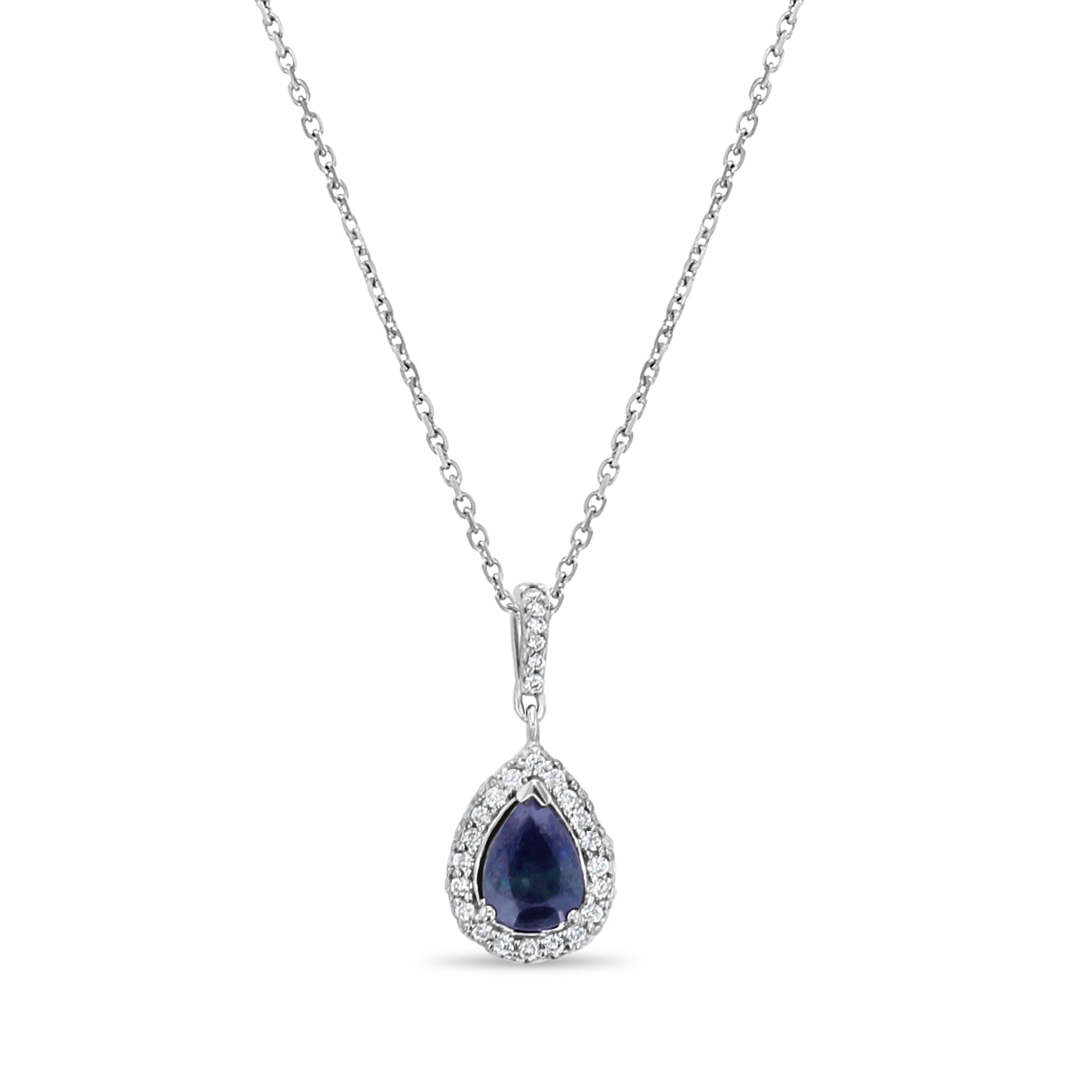 Pear Shaped Teardrop Sapphire Diamond Pendant .37cttw 14k White Gold Necklace - Elegant Jewelry Gift for Women, Brides & Special Occasions