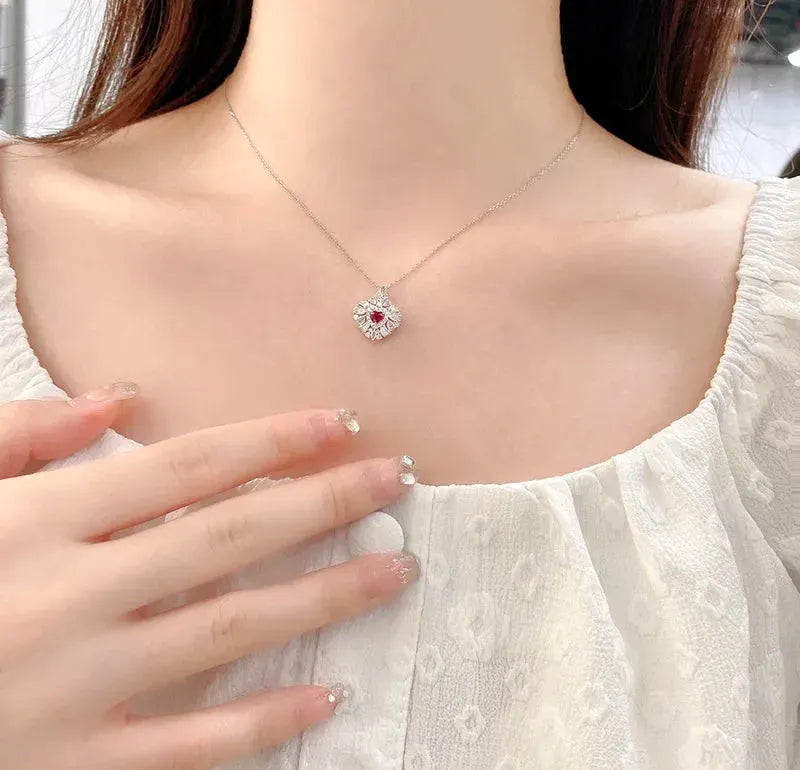 18K White Gold Heart Necklace with Natural Ruby & Real Diamonds - Elegant Women's Engagement Jewelry for Anniversaries, Weddings & Special Occasions