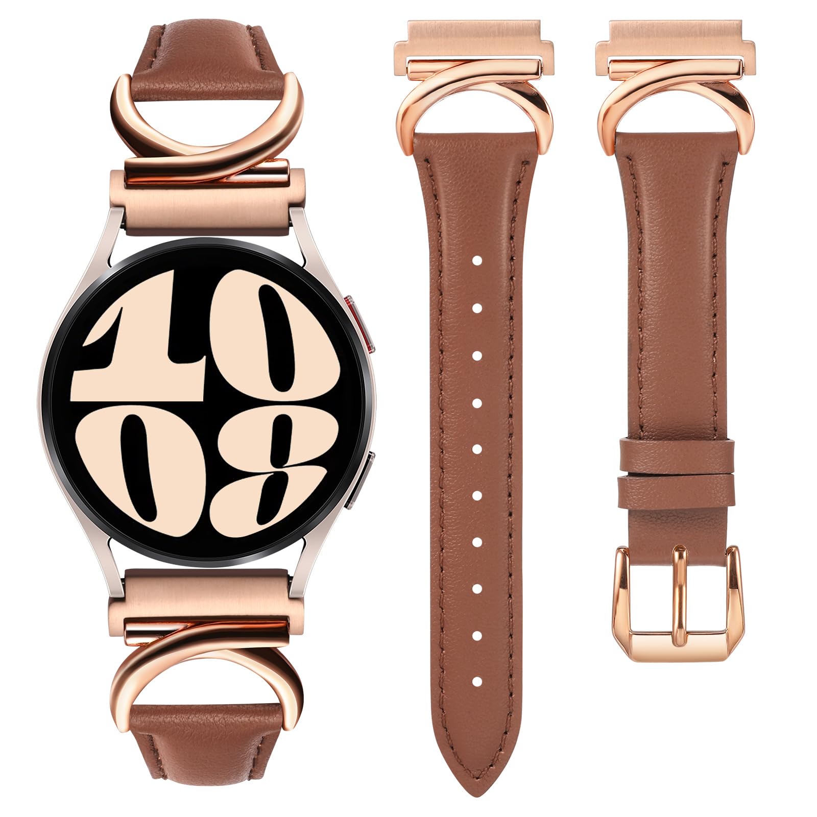 Samsung Galaxy Watch 7/6/5/4 Leather Band - 20mm Brown/Rose Gold Strap for Work & Travel