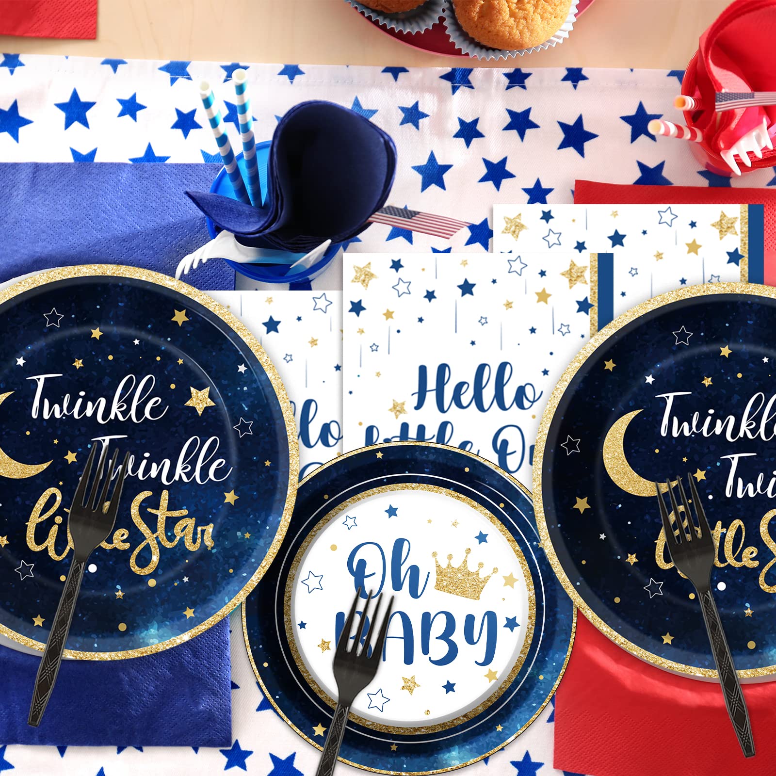 Wiooffen 96-Piece Twinkle Twinkle Little Star Party Gender Reveal Supplies Set - Includes Plates, Napkins & Forks for 24 Guests - Perfect for Baby Showers, Gender Reveal Parties & Celebrations (Pink/Blue Theme)