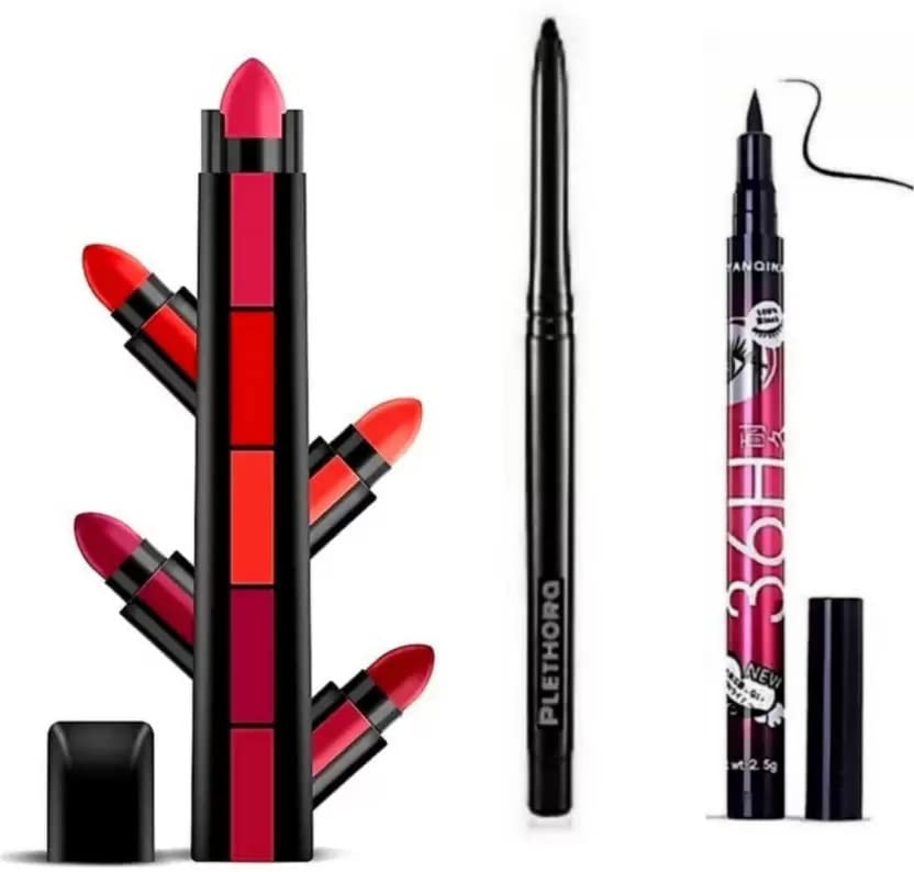 5-Step Lipstick & Kajal Eye Pencil Set with 36-Hour Eyeliner - 7-Piece Longwear Makeup Kit for Party, Wedding & Special Occasions