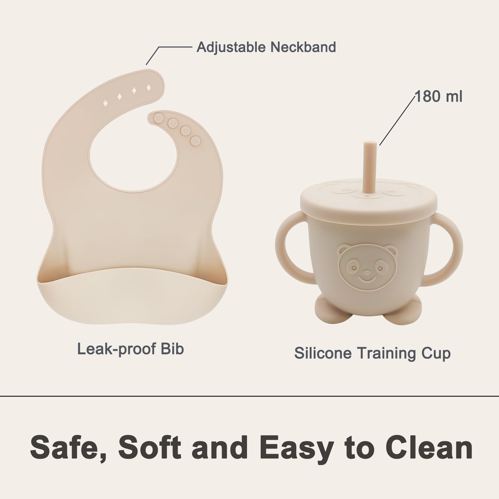 Organic Silicone Baby Feeding Set - BPA-Free Suction Bowls, Divided Plates, Adjustable Bib & Utensils for Infant Self-Feeding | Perfect for Baby-Led Weaning, Toddler Mealtime & On-the-Go Feeding | Includes Spoons, Forks & Training Cup (Beige)