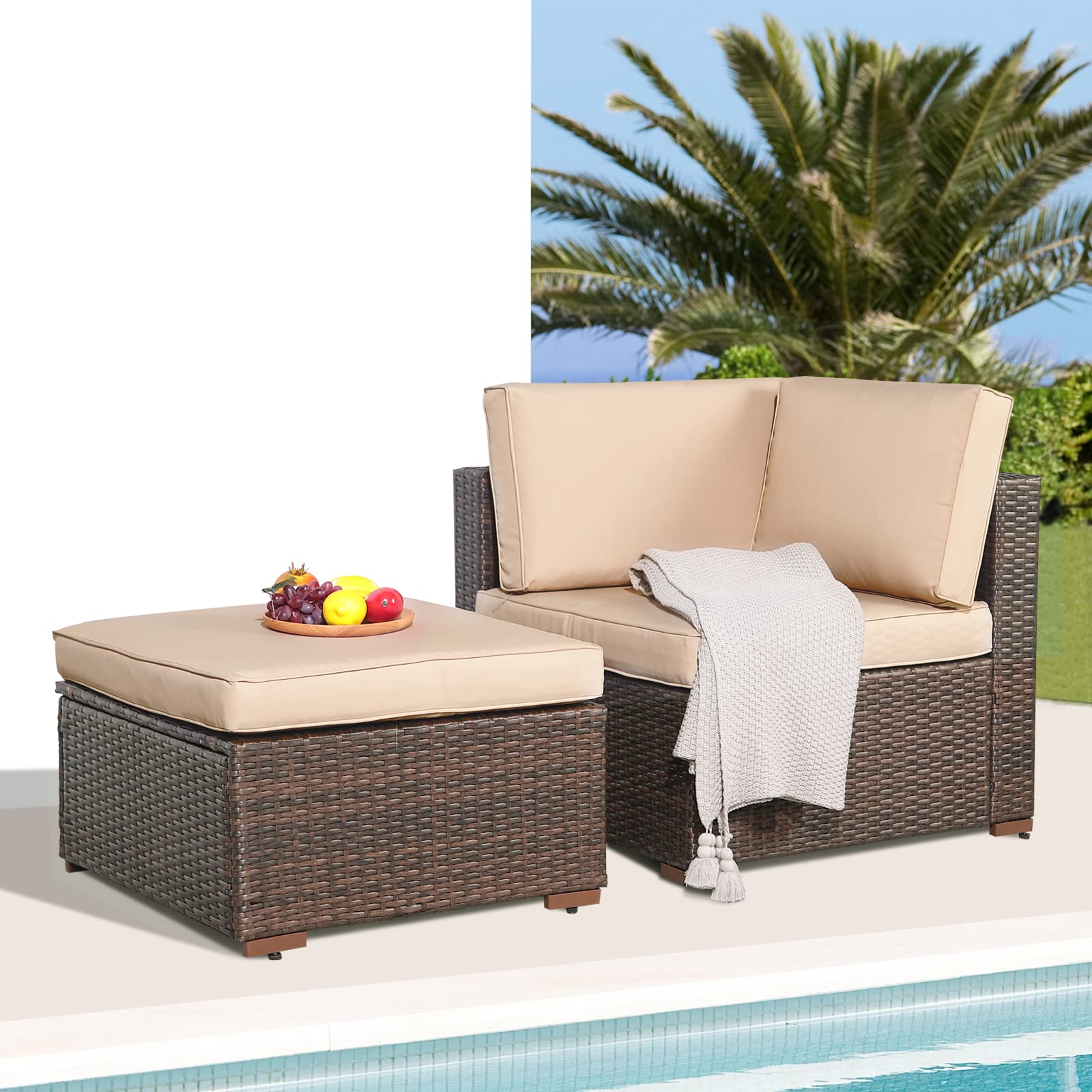 2-Piece Patio Furniture Sofa Set - All-Weather Brown PE Wicker Rattan Outdoor Sectional Sofa with Beige Cushions - Perfect for Garden, Balcony, Poolside & Backyard Relaxation