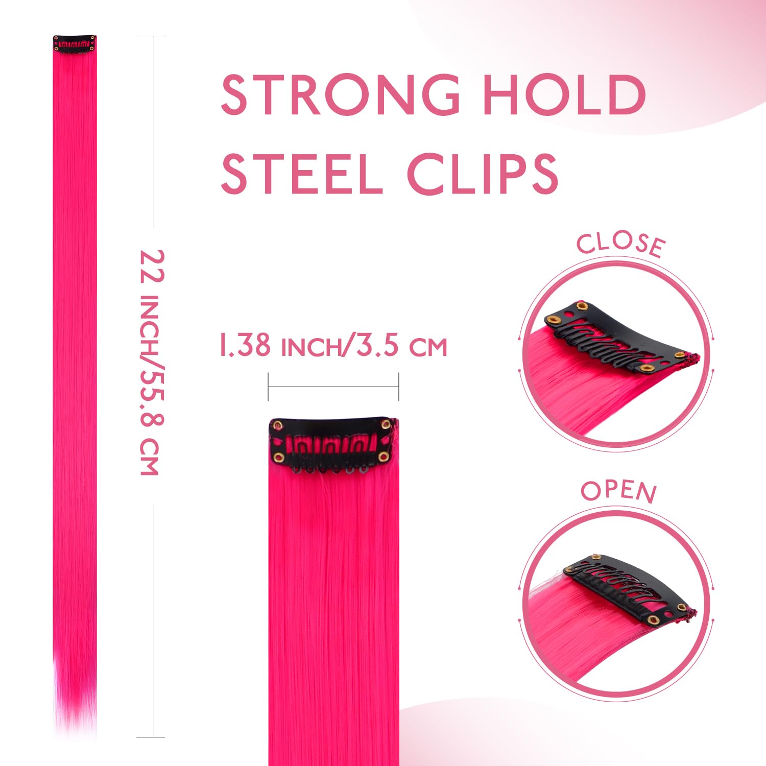 WENNALIFE 12 PCS Hot Pink Clip-in Hair Extensions for Kids - Synthetic Straight Rainbow Hair Highlights for Girls | Perfect for Parties, Cosplay & Colorful Hairstyles