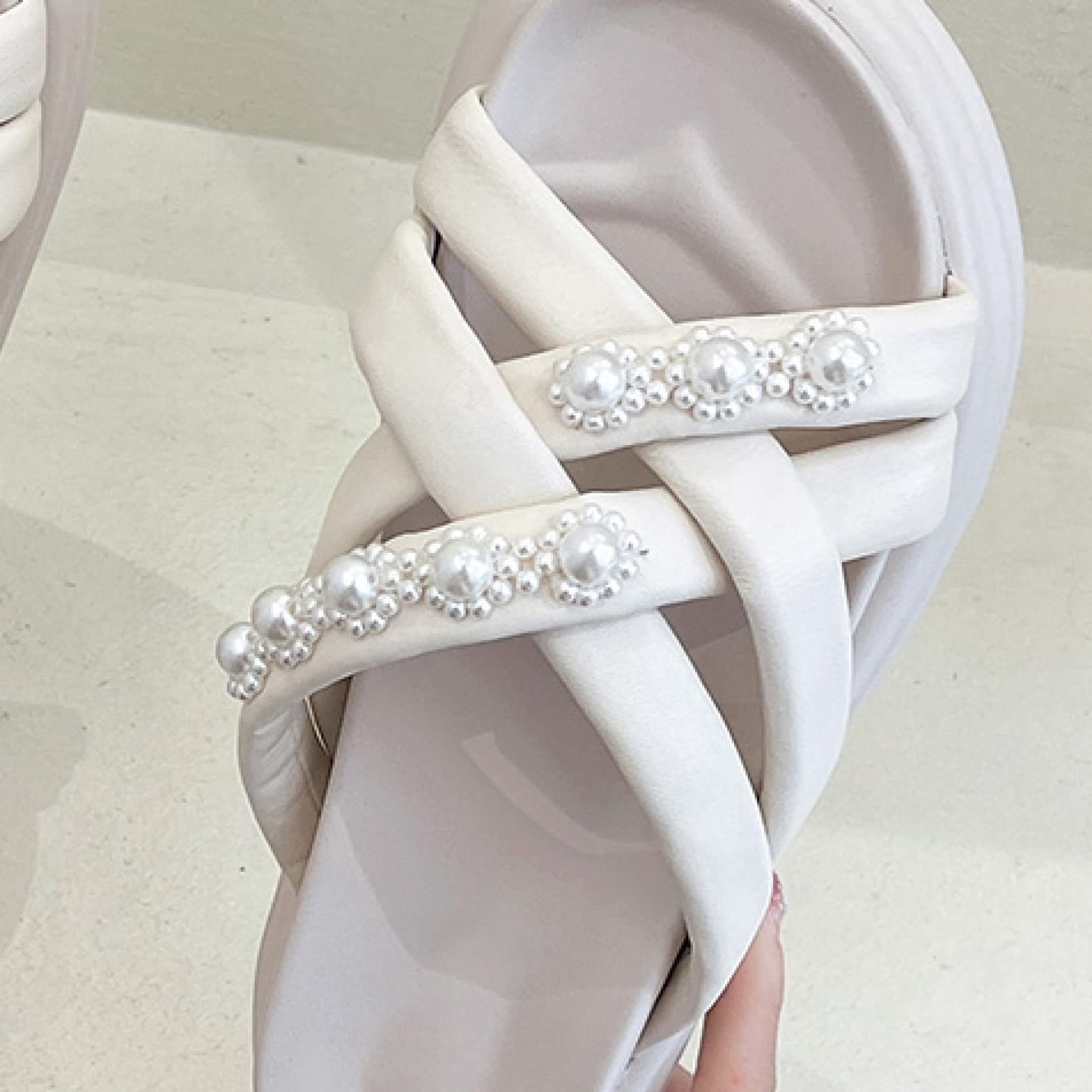 EBRICON Women's Platform Slide Sandals - Breathable Pearl Cross Leather Slip-On Open Toe Backless Slippers for Outdoor, Beach, Pool & Summer Wear