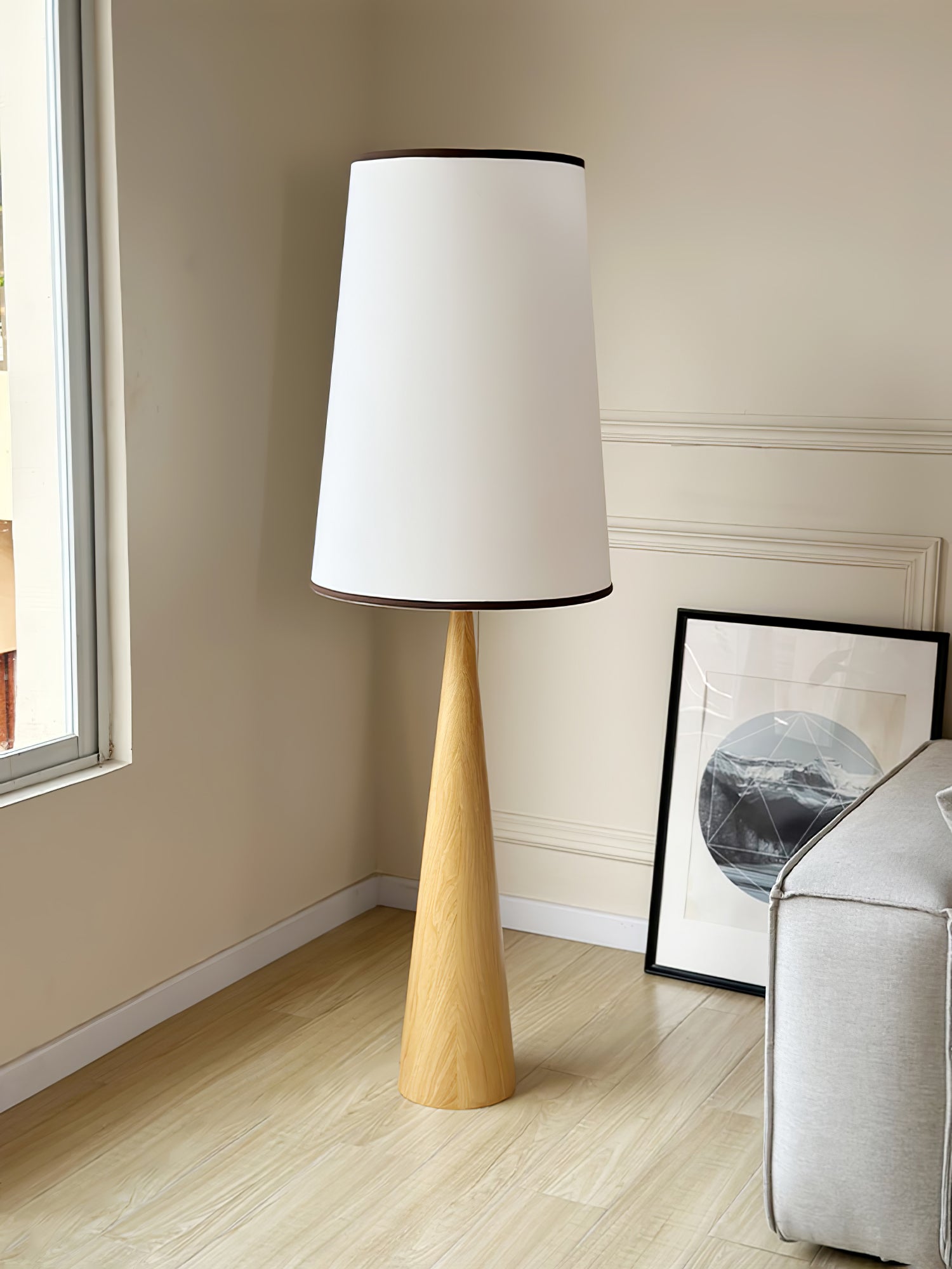 Modern Faux Wood Conical Floor Lamp - Adjustable Height Standing Light for Living Room, Bedroom & Office - Warm White LED Lighting for Cozy Home Decor