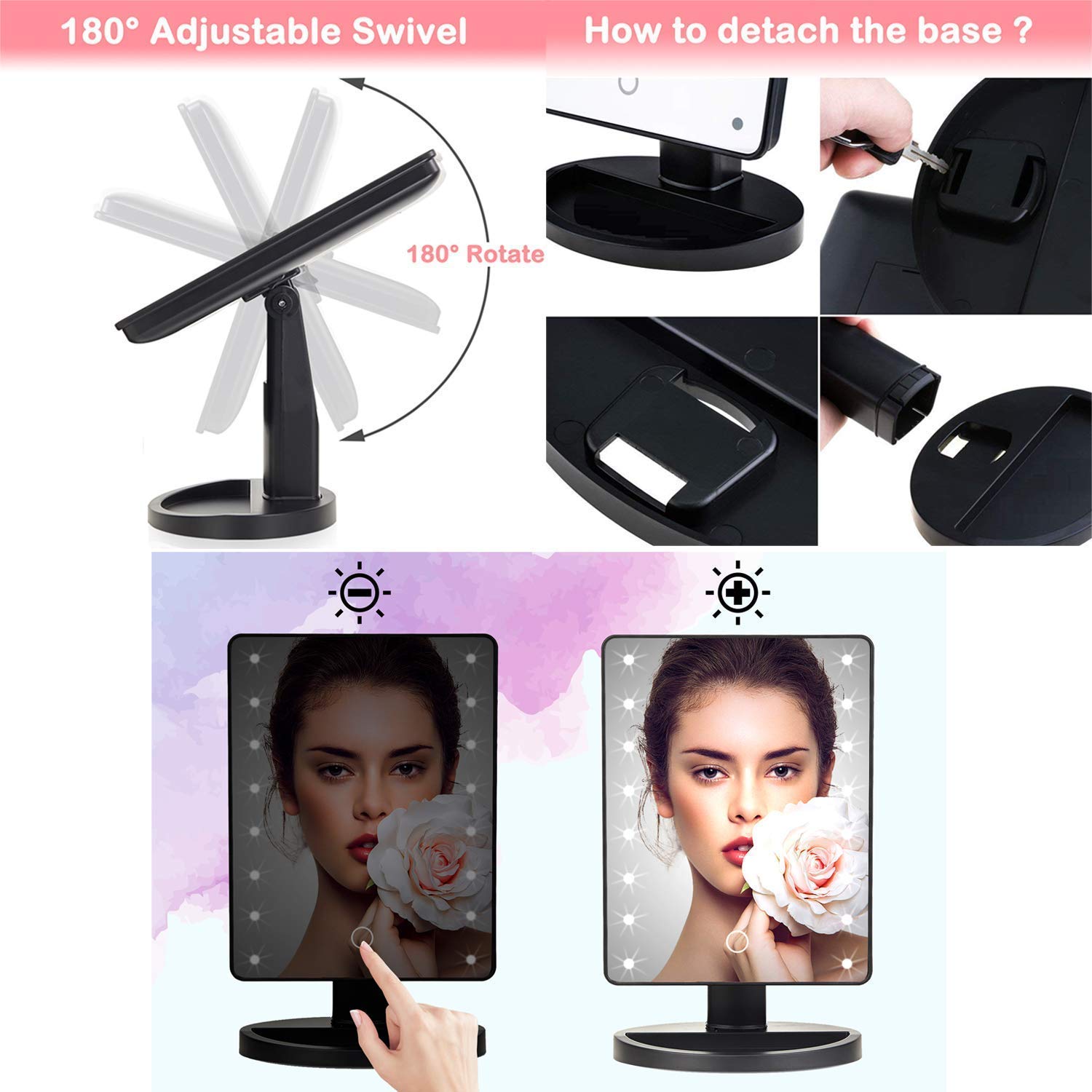 Cyrox LED Makeup Mirror with Touch Control, 180° Adjustable Vanity Mirror with Natural Daylight for Makeup, Dressing Table & Bathroom - Perfect for Home, Salon & Travel (1PC)