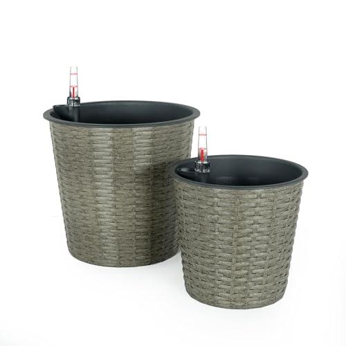 2 Pack Catleza Self-Watering Wicker Planters - Round Decorative Flower Pots for Indoor & Outdoor Use - Perfect for Home, Office, Patio, and Garden Decor