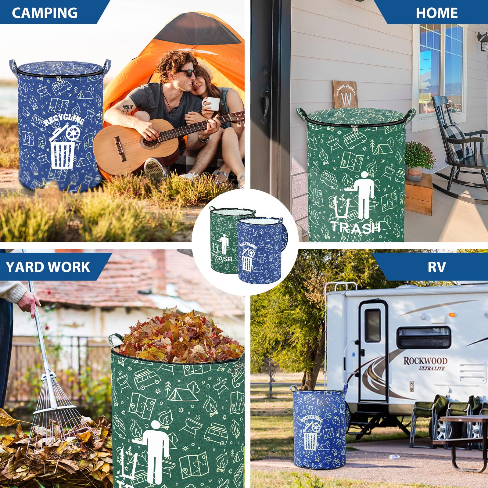 2 Pack Collapsible Trash Can with Zippered Lid - Foldable Storage Bin for Camping, RV, Yard Waste & Recycling - Portable Garbage Can for Outdoor, Picnics, Beach & Travel