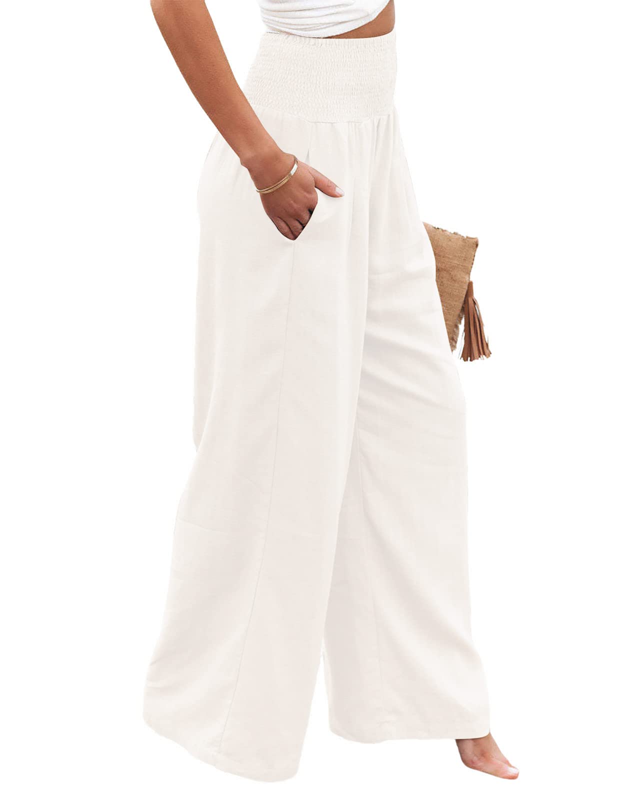 UTCoco Women's Wide Leg Linen Palazzo Pants - Casual Elastic Waist Loose Fit Trousers for Summer, Beach & Boho Style Outfits