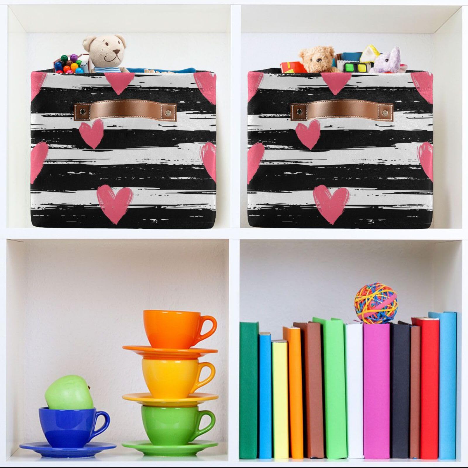 Hearts Striped Storage Basket - Foldable Canvas Fabric Organizer Bin with Handles for Home, Closet & Bedroom Organization (2-Pack) | Perfect for Toys, Blankets & Seasonal Decor Storage