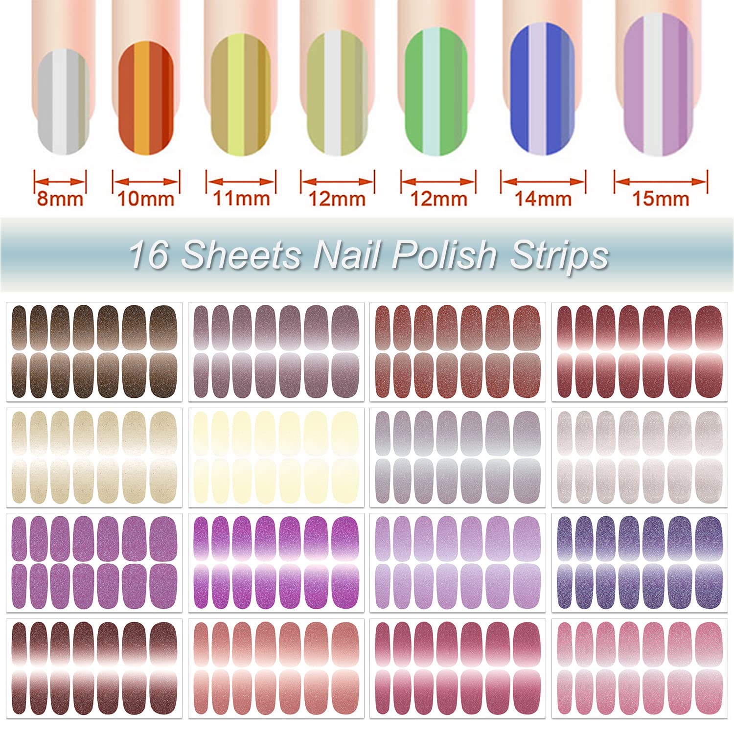 DANNEASY 16 Sheets Self-Adhesive Nail Polish Strips | Full Nail Wraps & Stickers for Women | Gradient Glitter Nail Art Kit with Nail File & Cuticle Stick | Perfect for Parties, Weddings & Everyday Manicures
