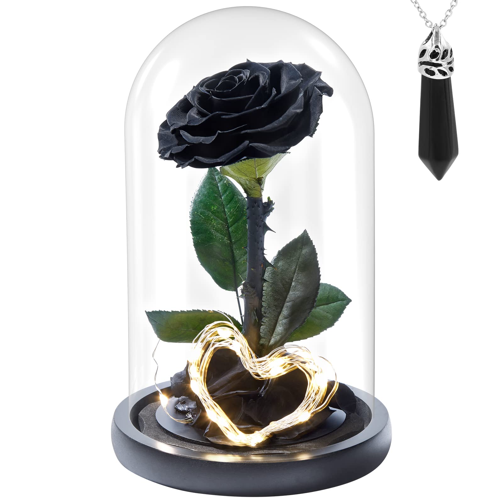 Handmade Preserved Real Rose in Glass Dome - Long Lasting Black Roses with Heart Shaped LED Light & Necklace - Romantic Gift for Valentine's Day, Mother's Day, Birthday, Anniversary - Perfect for Home Decor, Wedding Centerpiece, and Special Occasion Gifts