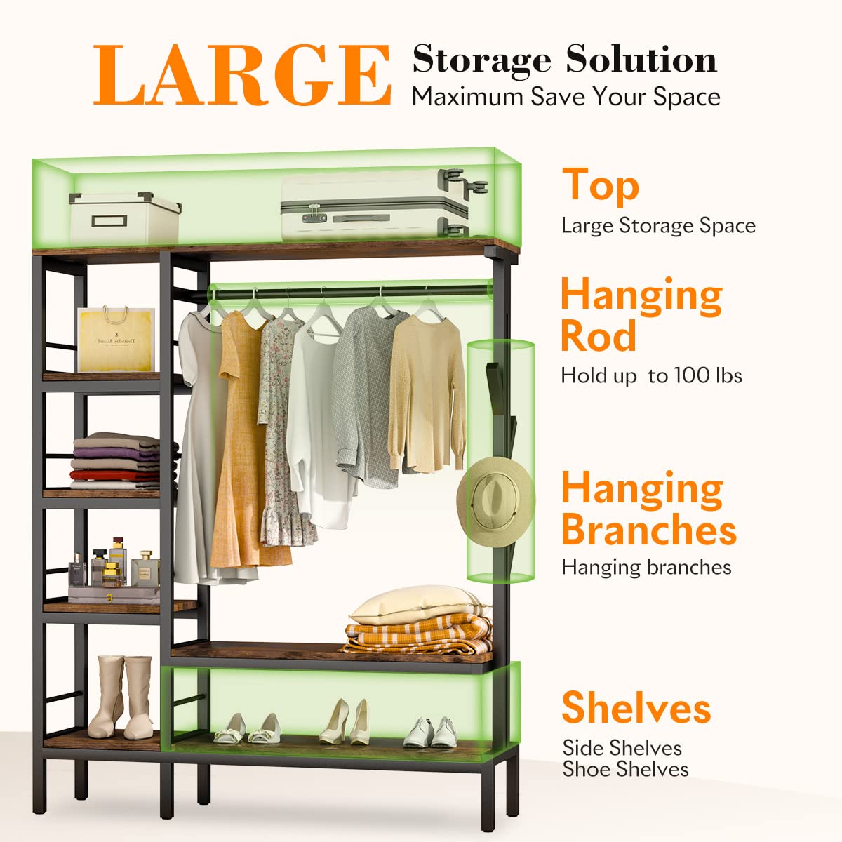HOKEEPER 650lbs Heavy Duty Freestanding Clothing Rack with Shelves & Hooks - Metal Wardrobe Organizer for Closet Storage | Perfect for Bedroom, Laundry Room, and Commercial Use