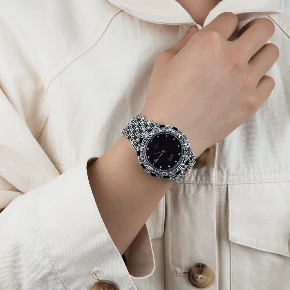 Men's Luxury Thai 925 Sterling Silver Marcasite Wrist Watch - Black 21CM Band - Elegant Dress Watch for Formal Events & Business Occasions