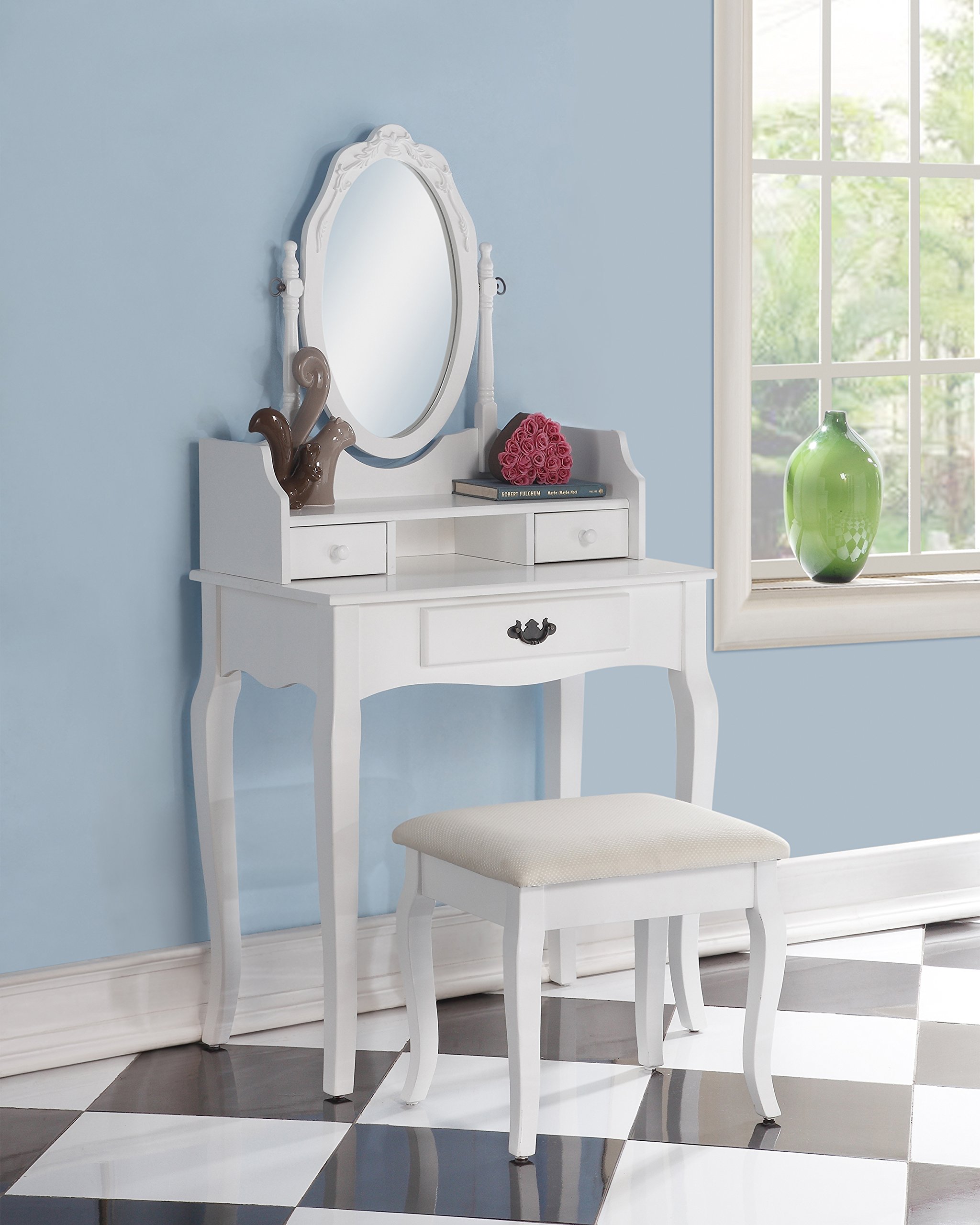 3-Piece White Wooden Vanity Set with Carved Makeup Mirror, Dresser Table & Stool - Perfect for Bedroom, Bathroom & Dressing Room Decor