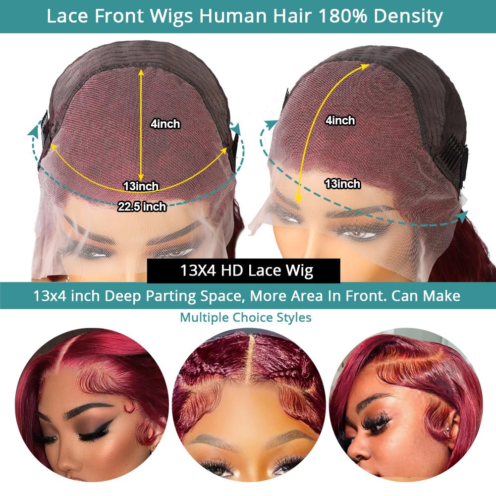 Allove 99j Burgundy 22inch Human Hair Lace Front Wig - 180% Density Pre-Plucked Body Wave with Baby Hair | 13x4 Glueless HD Transparent Frontal | Perfect for Daily Wear, Cosplay & Special Occasions
