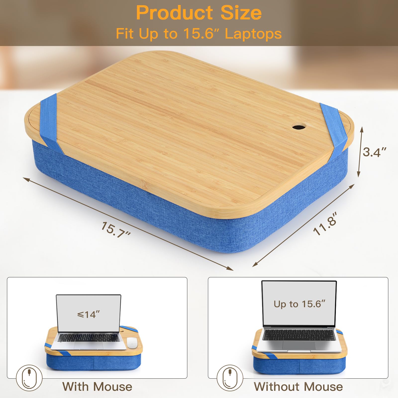 Mayjoy Bamboo Lap Desk with Storage - Portable Laptop Stand for Bed, Couch & Office - Removable Cover for Writing, Drawing & Working Comfortably (Blue) - Perfect for Remote Work, Study & Home Office Use