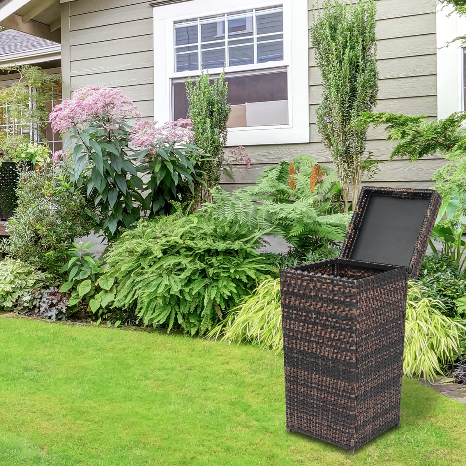 26.7 Gallon Outdoor Waste Bin with Top Cover - Tall Rattan Garbage Can for Recycling & Trash | Perfect for Patio, Garden, Backyard & Deck Waste Management