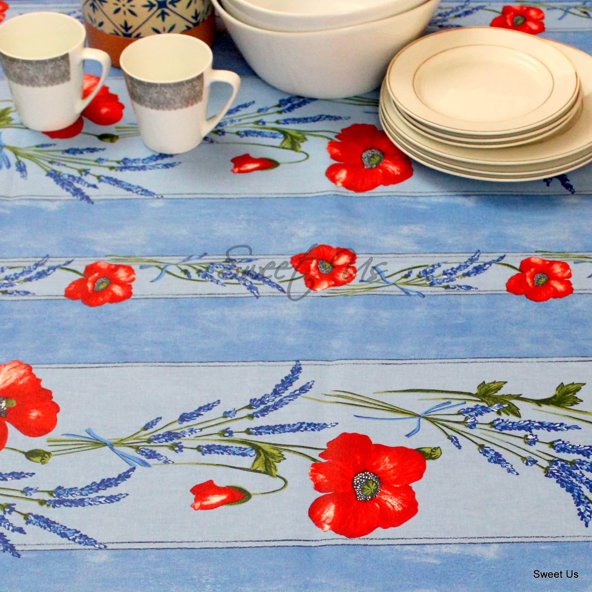 La Cigale Poppy Éclat Spill-Resistant Wipeable Tablecloth - Acrylic Coated Floral Cotton French Provencal Design for Rectangle Tables (60x98 Inches, Blue) - Perfect for Dining Rooms, Kitchens, Outdoor Patios & French Country Decor