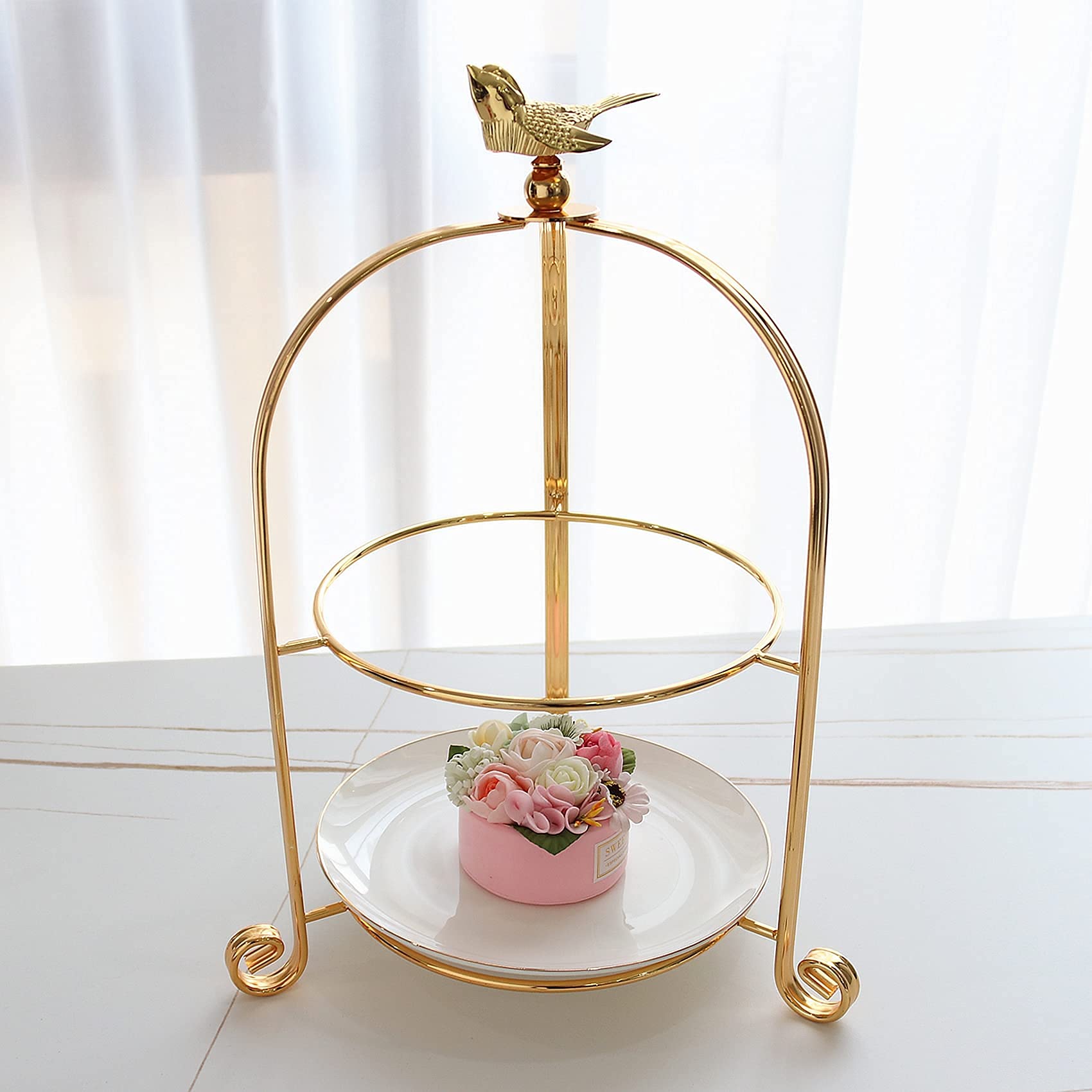 2 Tiered Cake Stand - Elegant Metal Dessert Display Stand for Tea Party, Wedding, or Afternoon Tea - Includes 2 White Bone China Plates with Gold Edges (Gold, 2 Tier) - Perfect for Birthday Parties, Bridal Showers & Special Events