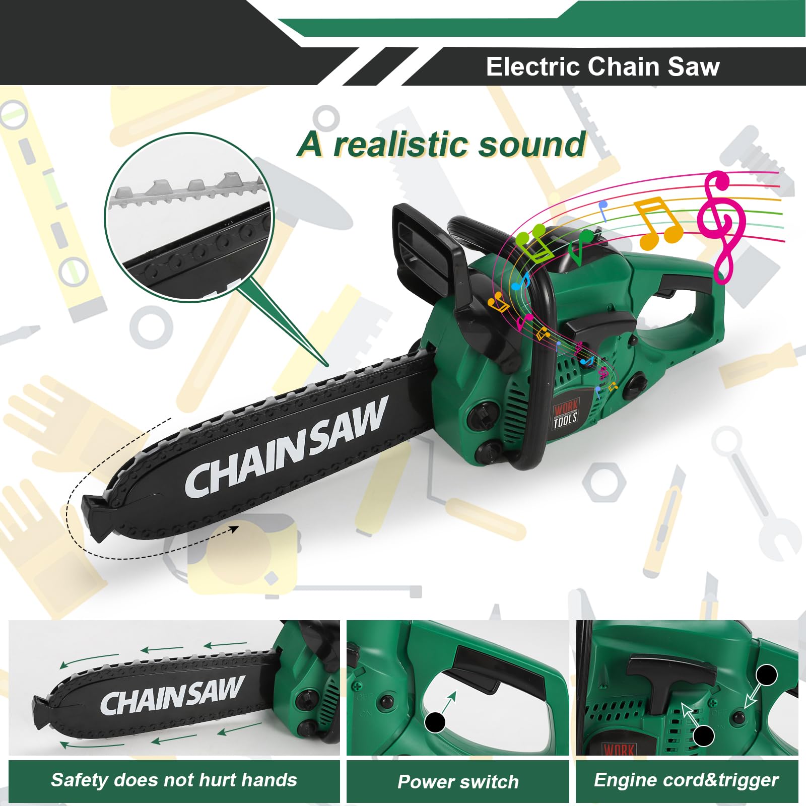 Mathea Kids Tool Set - Pretend Play Construction Toys for Boys & Girls Ages 3-6 with Electronic Drill & Chainsaw - STEM Learning Toys for Toddlers - Perfect for Birthday Gifts & Role Play Activities