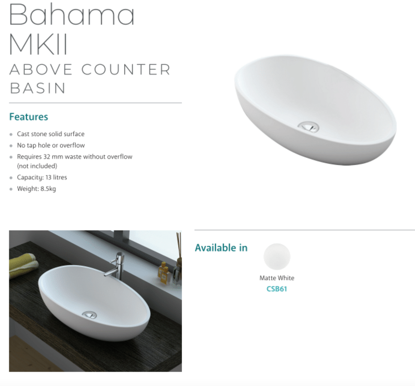 Fienza CSB61 Bahama MK11 White Matte Solid Surface Above Counter Bathroom Sink Basin - Perfect for Modern Vanities, Powder Rooms, and Guest Bathrooms
