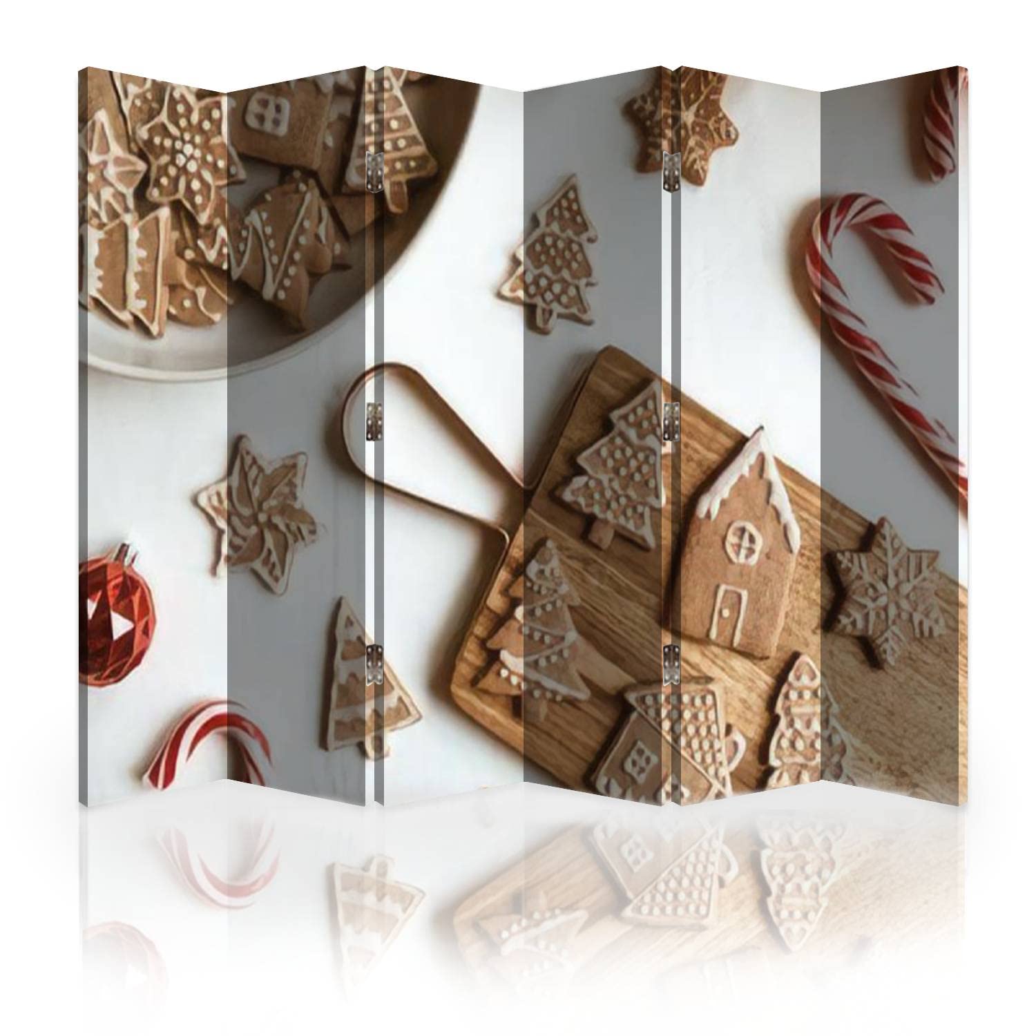 6-Panel Canvas Room Divider Screen - Handmade Ginger Cookies & Stars Design on Wooden Background | Folding Privacy Partition for Bedroom, Office & Living Space