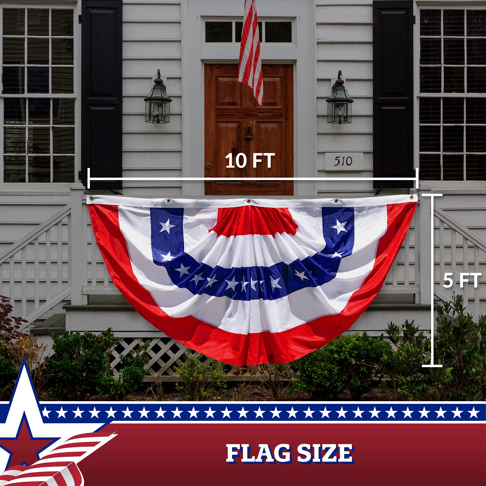 2 Pack USA Pleated Fan Flag - 5x10 Feet American Patriotic Bunting Decoration with Embroidered Stars & Sewn Stripes, Durable Canvas Header & Brass Grommets - Perfect for 4th of July, Memorial Day, Veterans Day & Outdoor Party Decorations